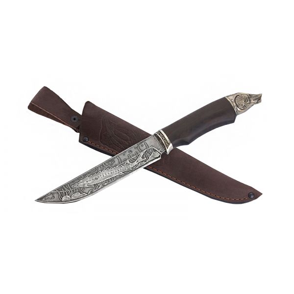 Нож Осётр (алмазная сталь, гравировка, чёрный граб, литьё осетр)