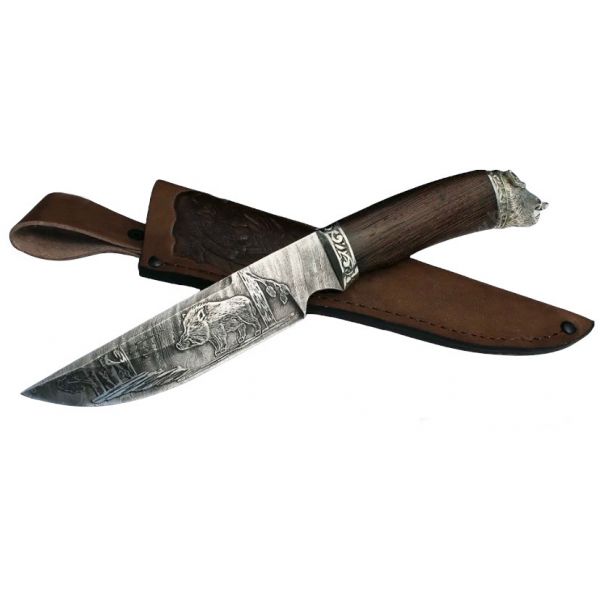 Нож ЗолотоиСкатель (дамаск, гравировка "кабан", венге, резьба, литьё)